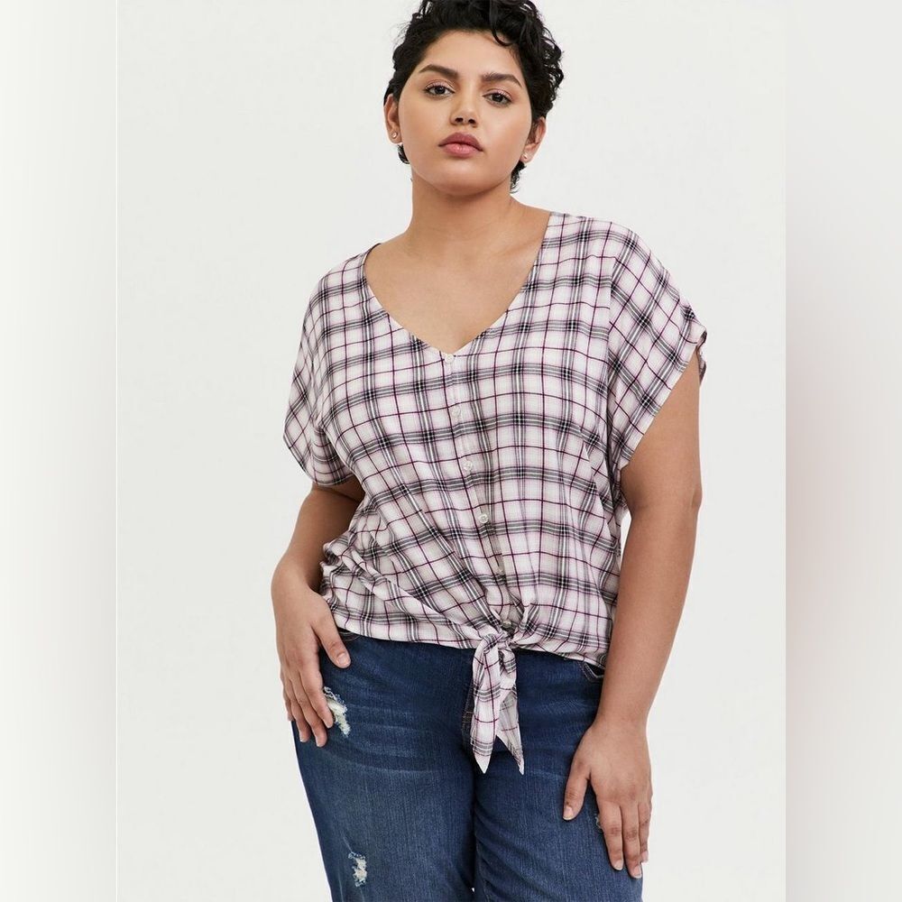 torrid challis tie-front plaid midi top